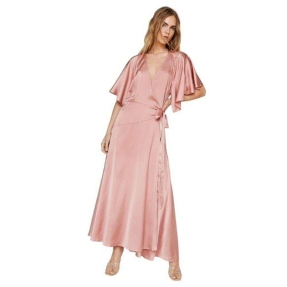NWT Nasty Gal Satin Angel Sleeve Tie Side Maxi Pink Blush Dress Size 8